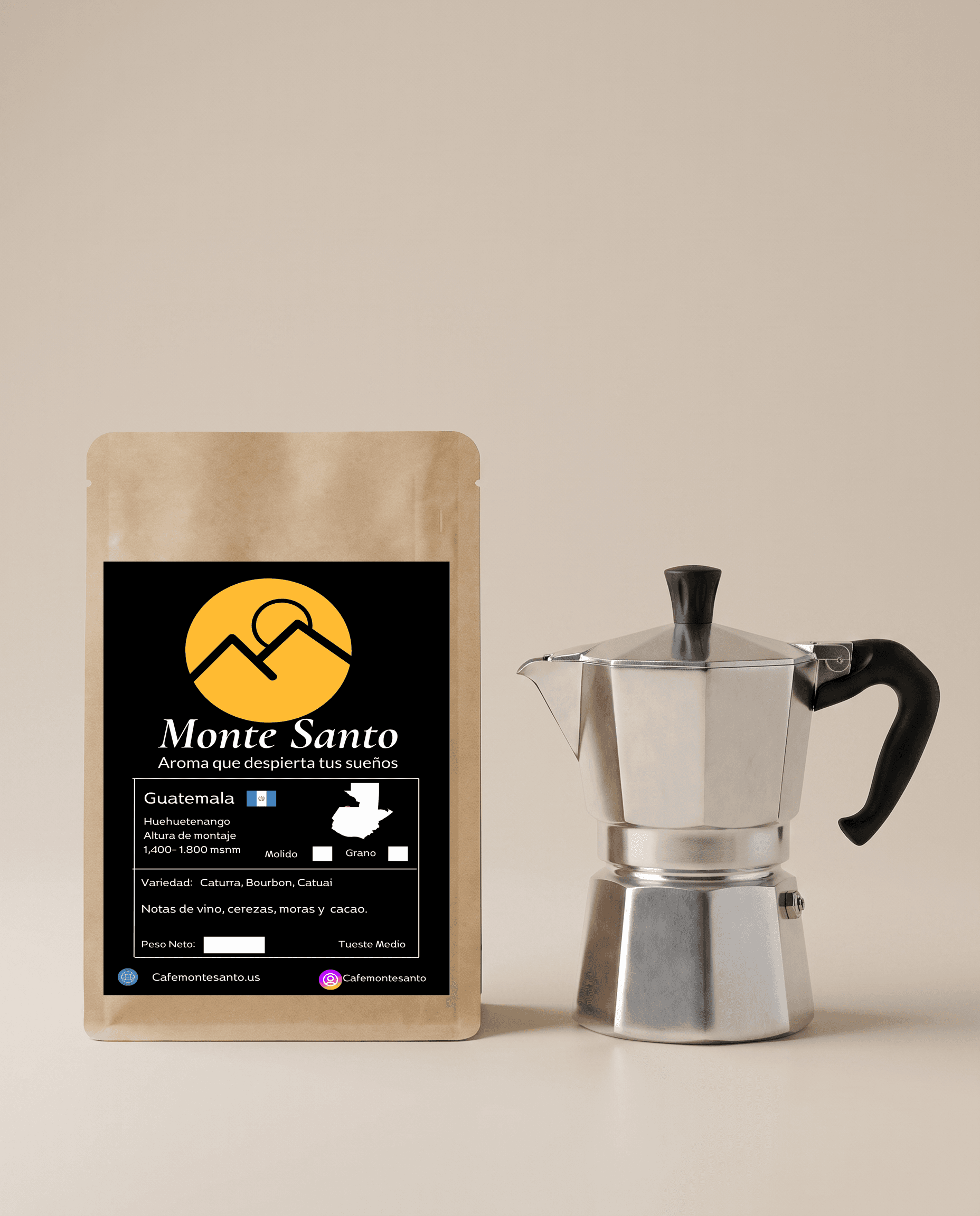 Monte Santo specialty coffee bag next to a coffee maker